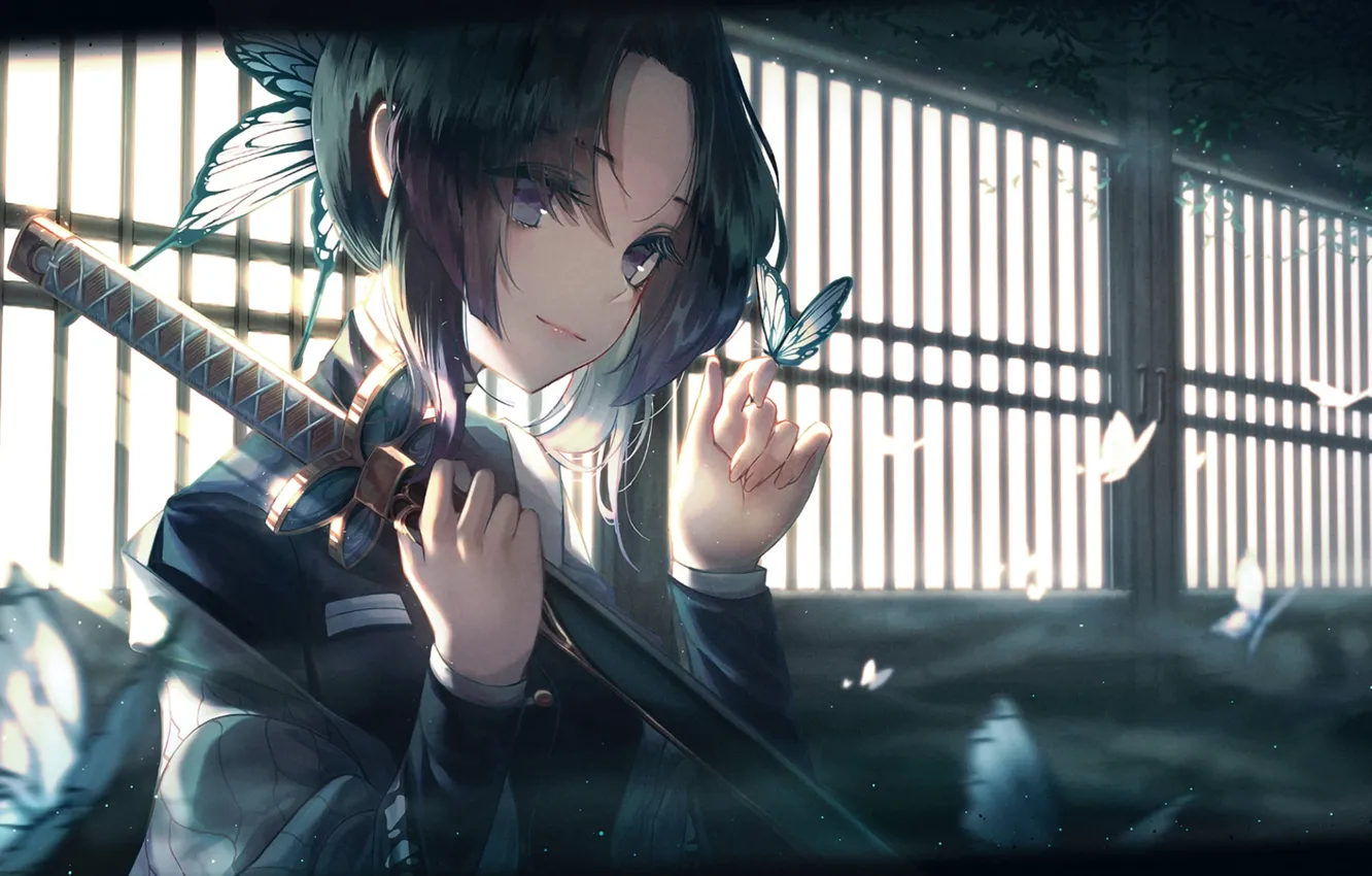 Photo wallpaper weapons, butterfly, katana, brunette, girl, Shinobu Kohu, Kimetsu no Yaiba