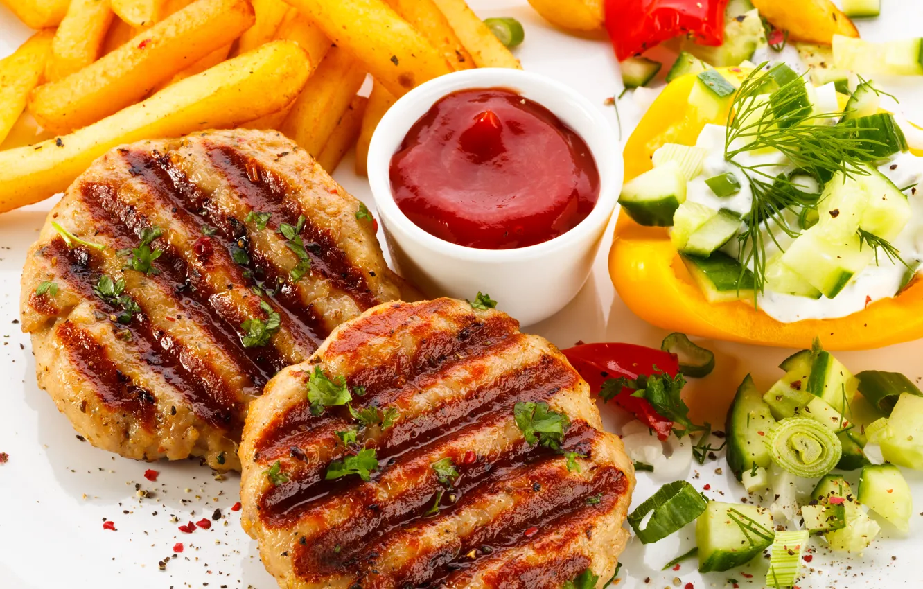 Photo wallpaper sauce, Patty, ketchup, cucumbers, potatoes