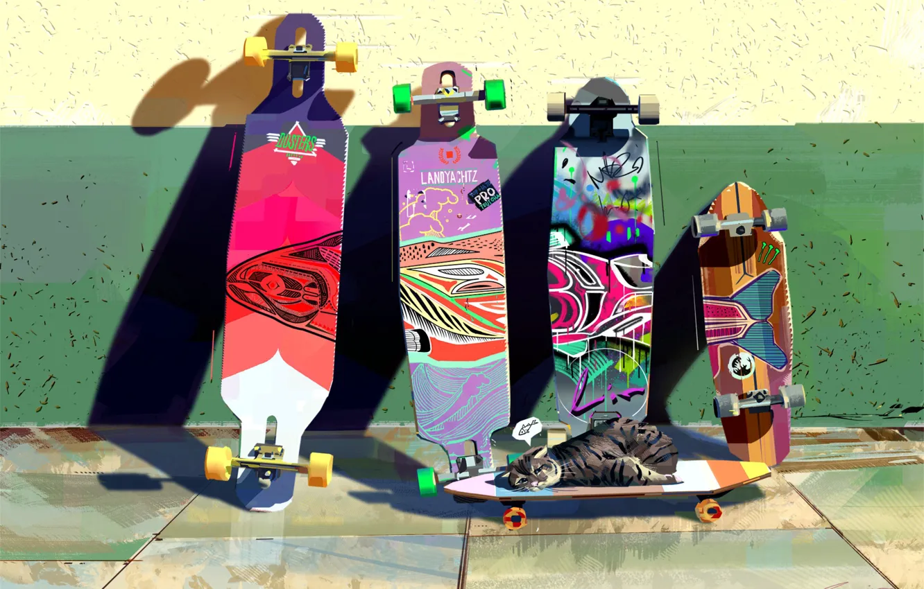 Photo wallpaper cat, cat, figure, art, art, skateboard, Illustration, by L IN