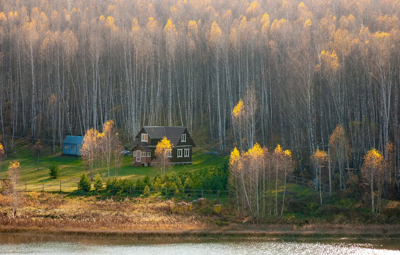 Photo wallpaper autumn, Forest, house