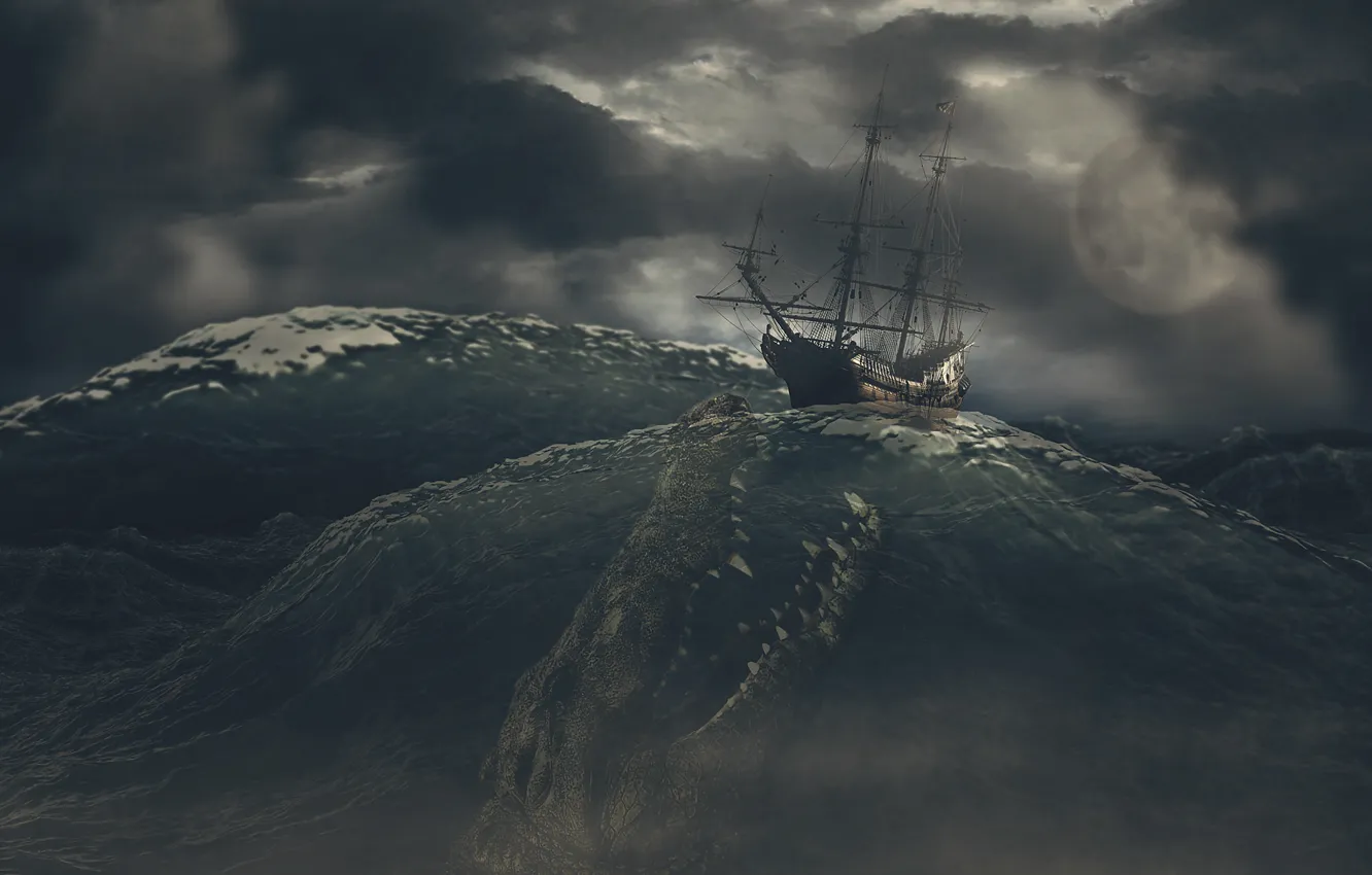 Photo wallpaper sea, the sky, clouds, storm, rendering, sea monster