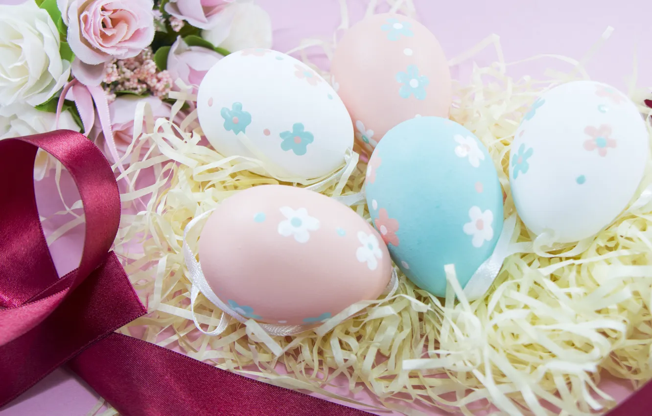 Photo wallpaper Flowers, eggs, Easter, hay, Holiday