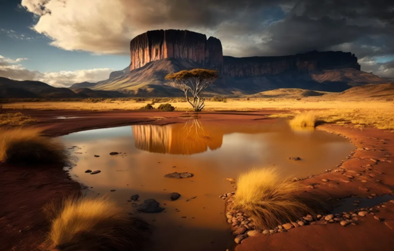 Photo wallpaper grass, clouds, light, trees, landscape, mountains, clouds, nature