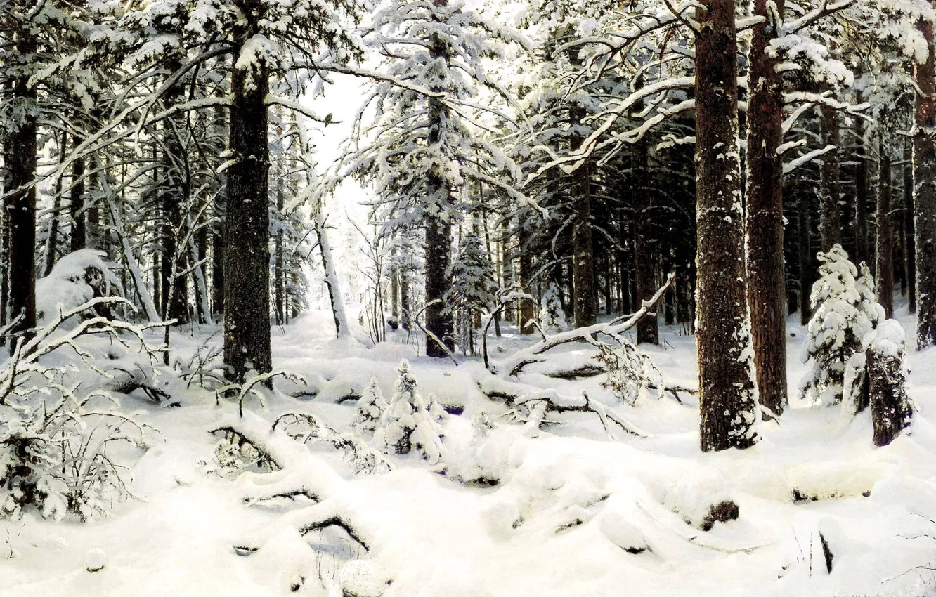 Photo wallpaper cold, forest, snow, trees, Winter, picture, painting, Shishkin