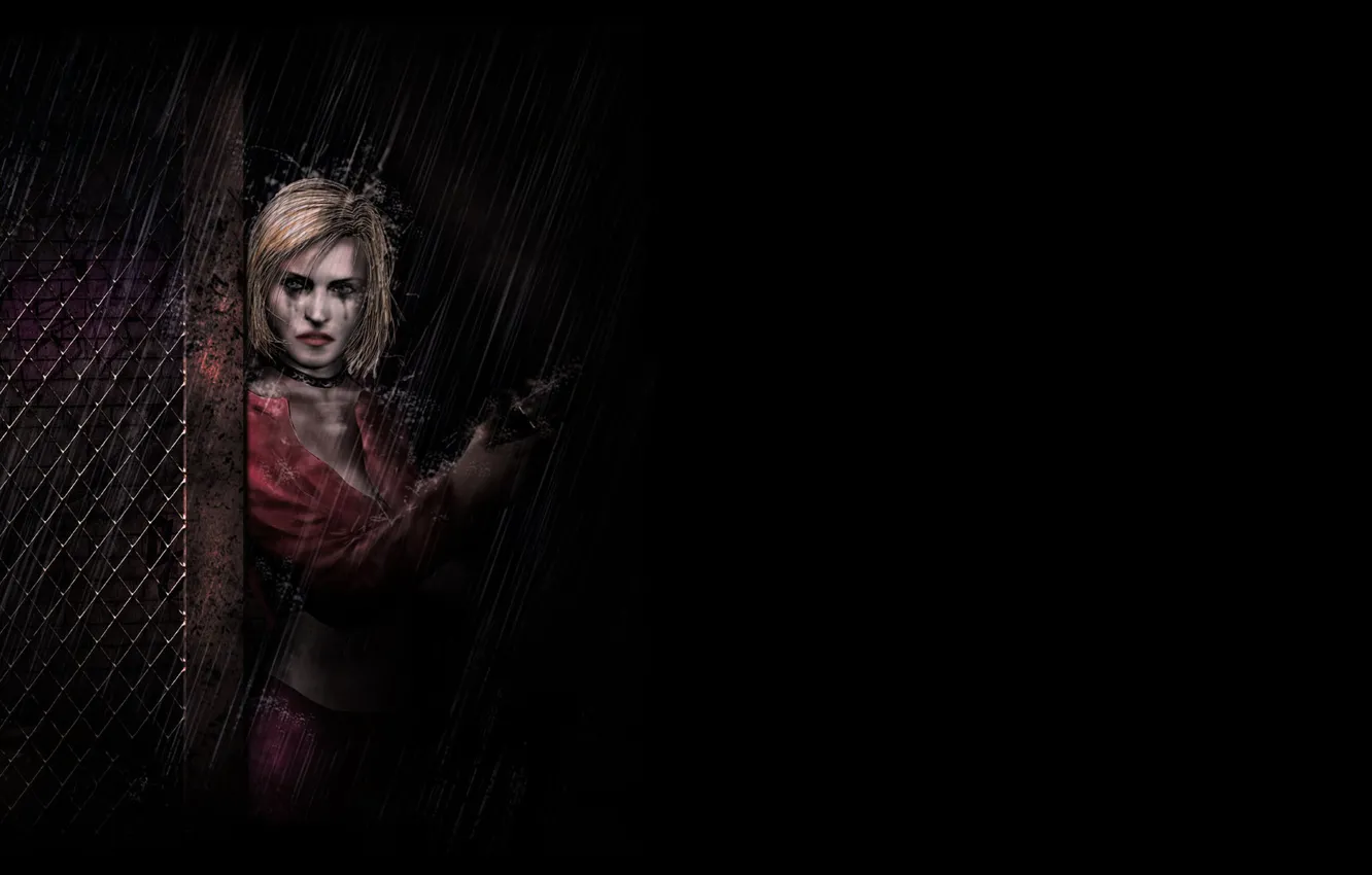 Photo wallpaper girl, gun, rain, the fence, grille, art, blonde, black background