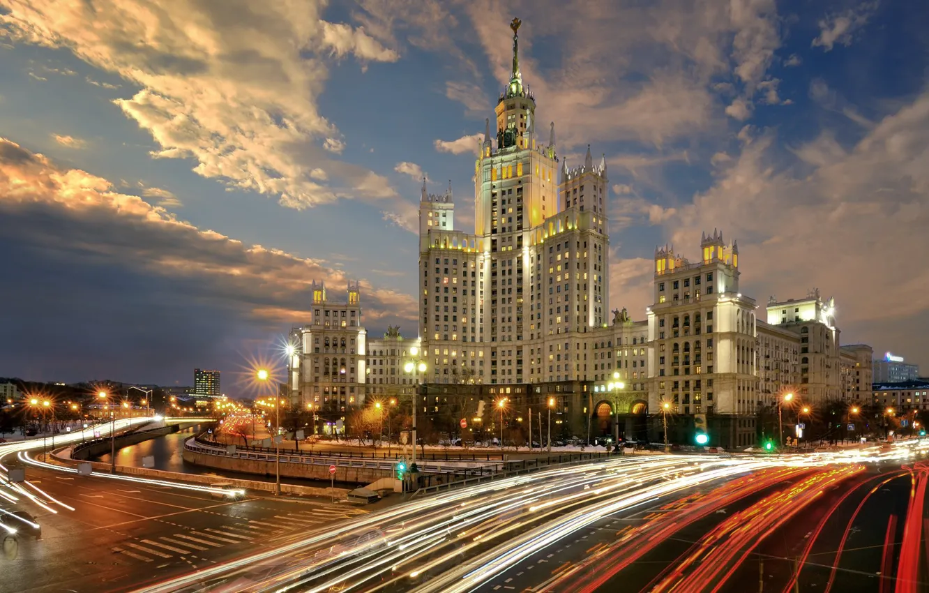 Photo wallpaper the city, river, the building, road, the evening, lighting, Moscow, skyscraper