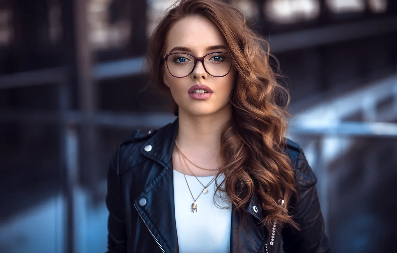 Photo wallpaper look, background, model, portrait, makeup, glasses, jacket, hairstyle