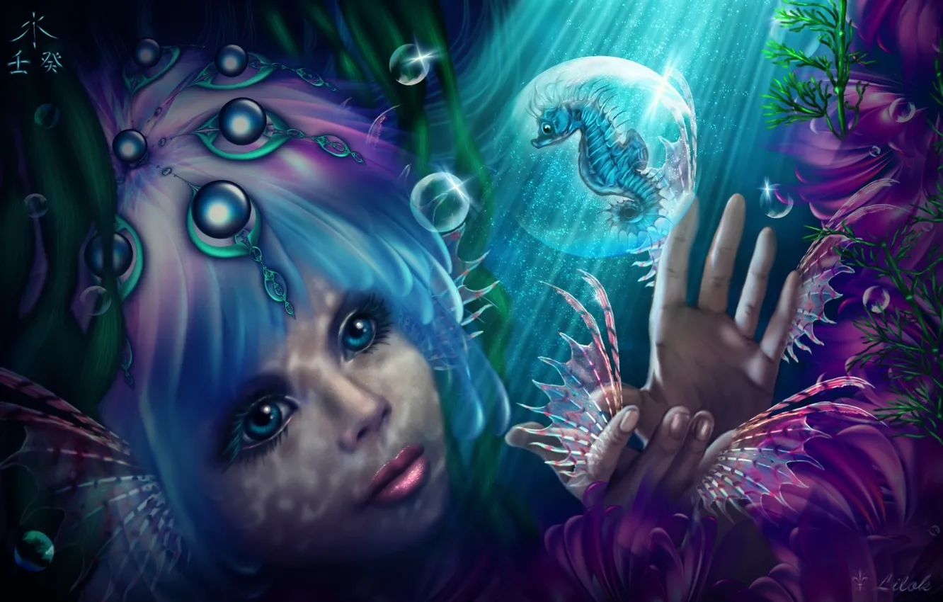 Photo wallpaper eyes, look, water, girl, face, bubbles, hair, art