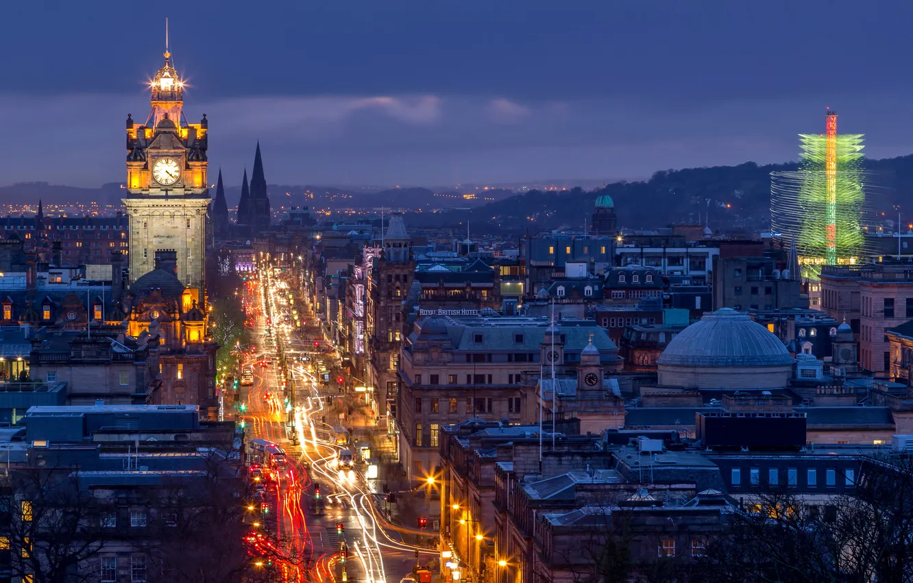 Photo wallpaper the sky, clouds, night, lights, street, watch, tower, home