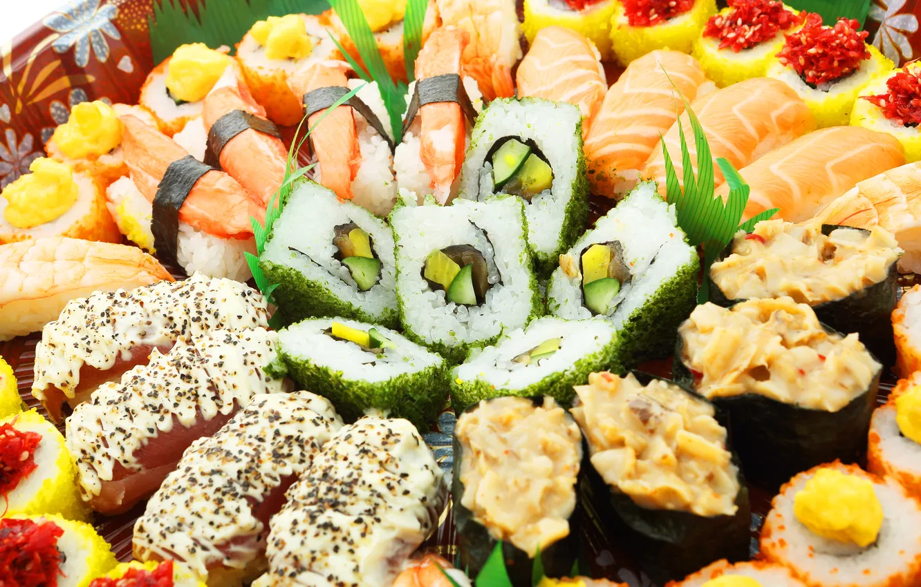 Photo wallpaper fish, sushi, sushi, fish, rolls, seafood, Japanese cuisine, seafood