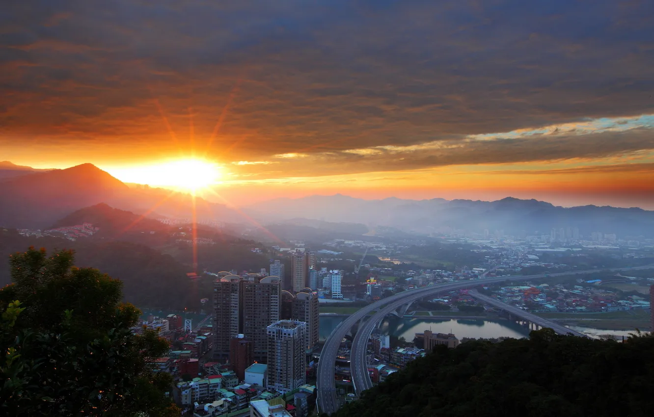 Photo wallpaper landscape, sunset, the city