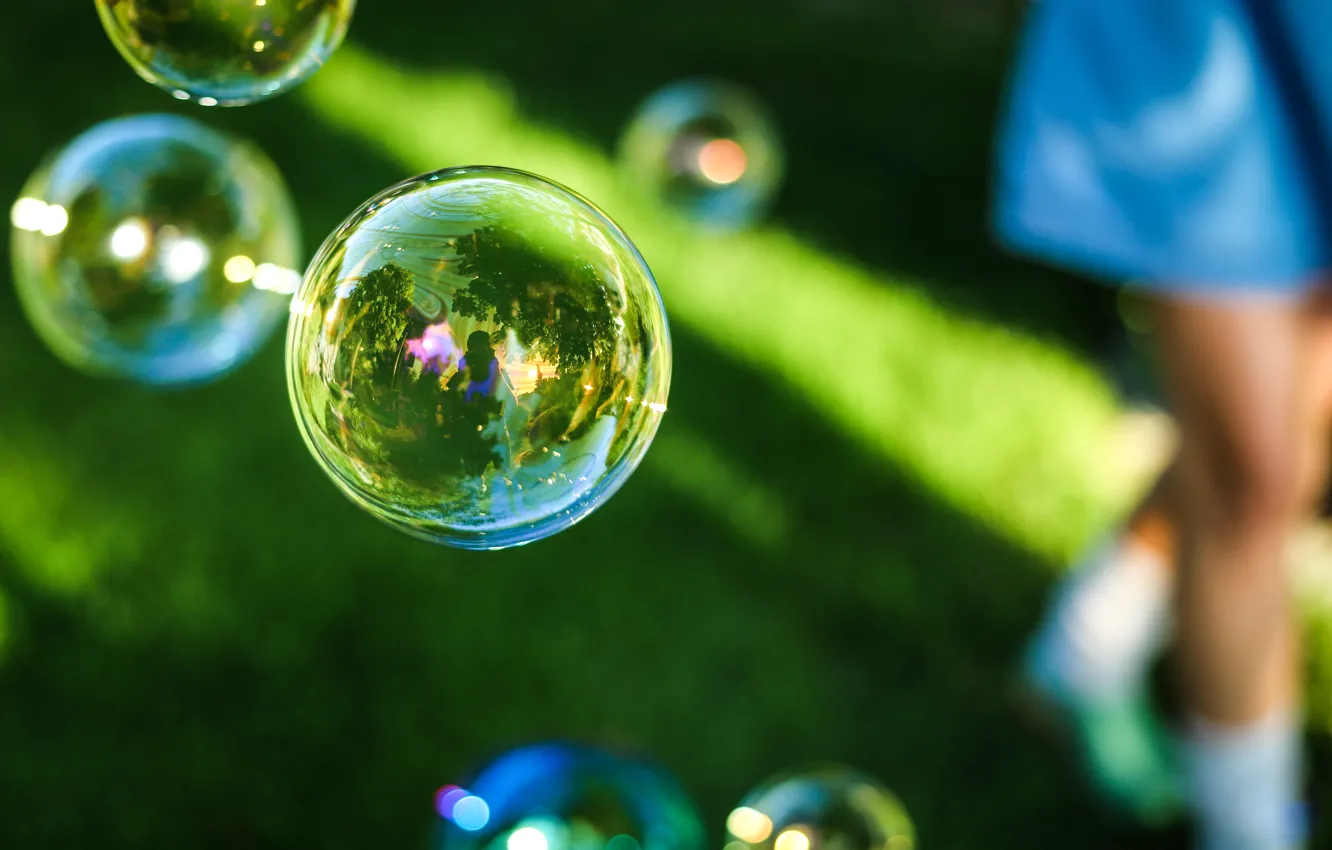 Photo wallpaper bubbles, bubbles, grass, soap, reflection, outdoors