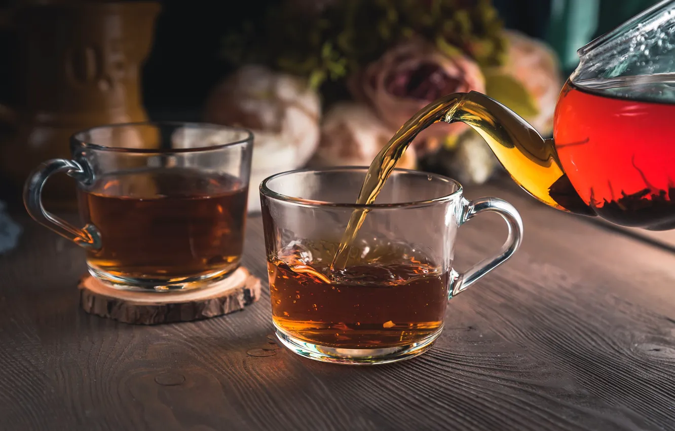 Photo wallpaper glass, flowers, table, tea, Board, kettle, pair, the tea party