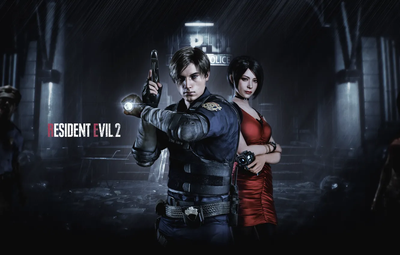 Photo wallpaper girl, gun, brunette, zombies, lantern, male, Leon Scott Kennedy, Ada Wong