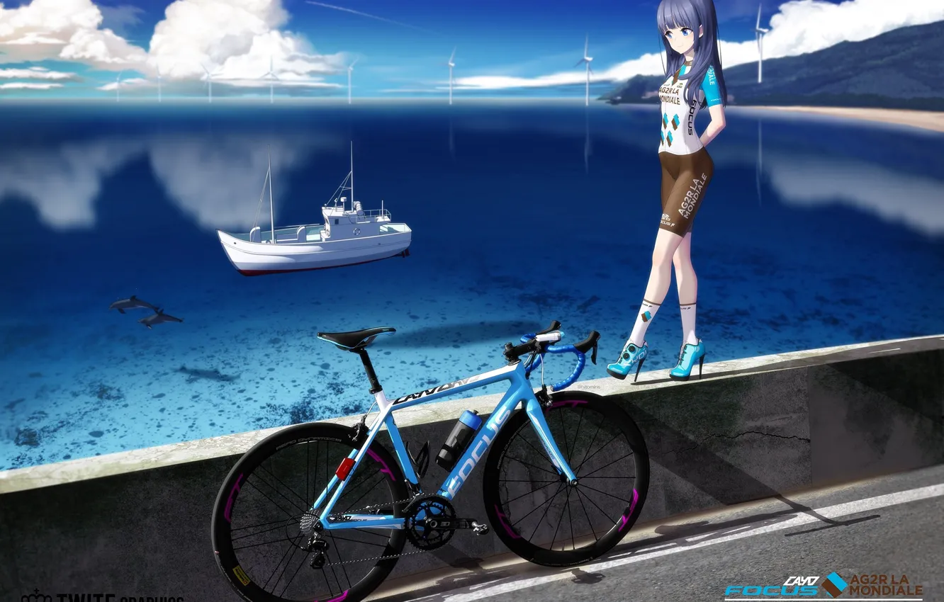 Photo wallpaper sea, girl, bike, ship