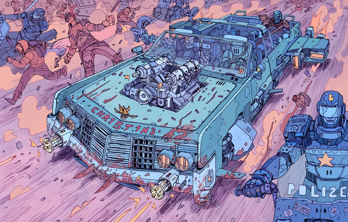 Photo wallpaper machine, auto, fiction, transport, attack, people, robot, police