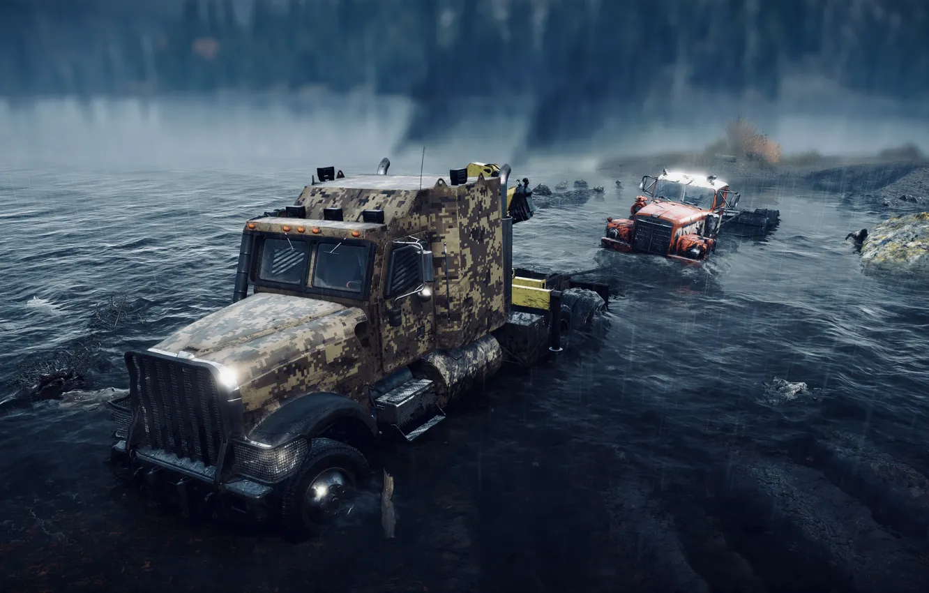 Photo wallpaper river, mud, water, truck, game, wood, crane, HDR