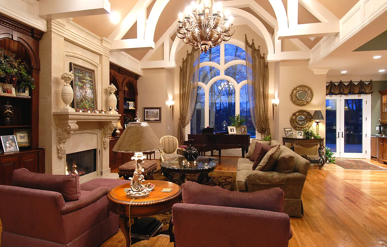 Photo wallpaper sofa, picture, chair, window, chandelier, fireplace, table, living room