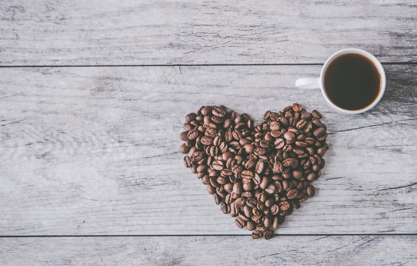 Photo wallpaper heart, Board, coffee, Cup, coffee beans