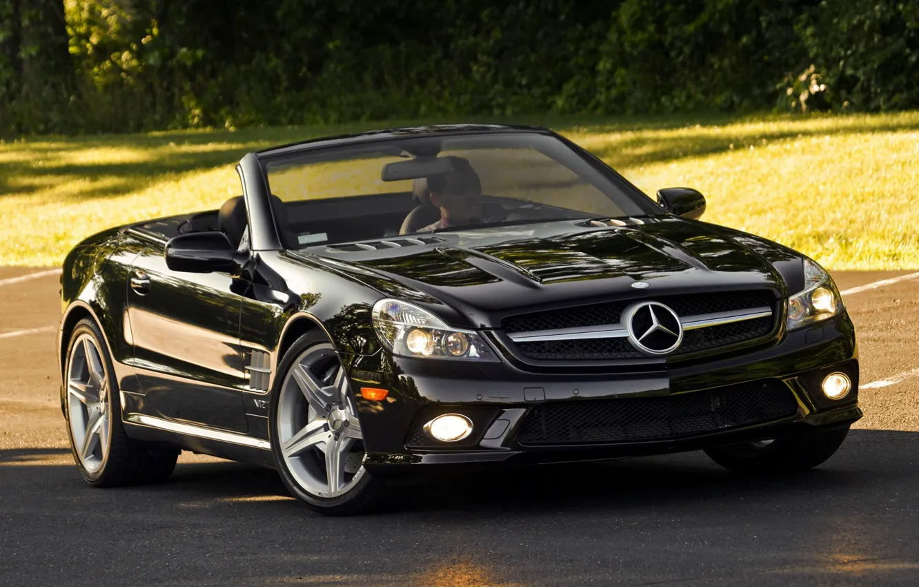 Photo wallpaper road, machine, cars, Mercedes, gelding, trees, widescreen walls, mercedes sl cars pictures