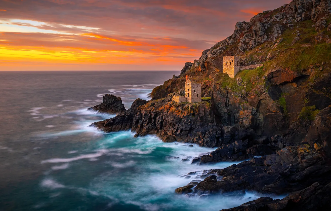 Photo wallpaper sea, wave, clouds, light, sunset, stones, rocks, shore