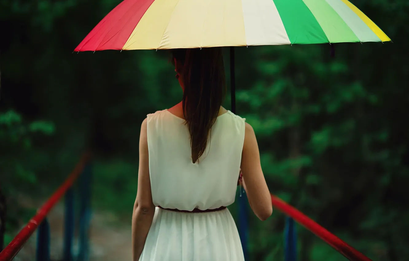 Photo wallpaper girl, bridge, umbrella, background, rain, Wallpaper, mood, blur
