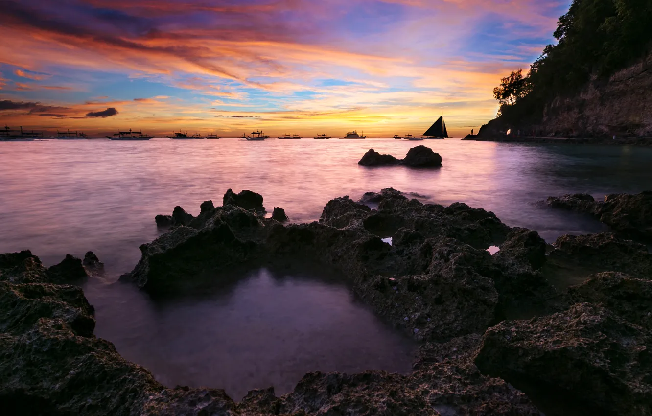 Photo wallpaper sea, the sky, clouds, stones, rocks