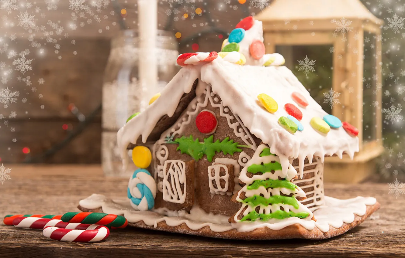 Photo wallpaper snowflakes, Board, new year, Christmas, lights, cane, house, herringbone