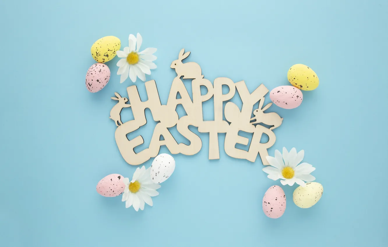 Photo wallpaper flowers, holiday, the inscription, chamomile, eggs, spring, rabbit, silhouette