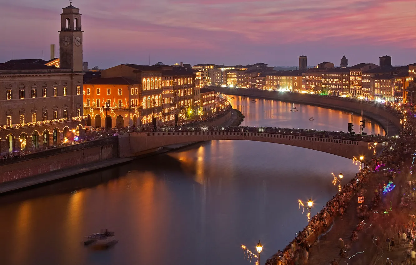 Photo wallpaper night, bridge, lights, river, tower, home, Italy, Pisa