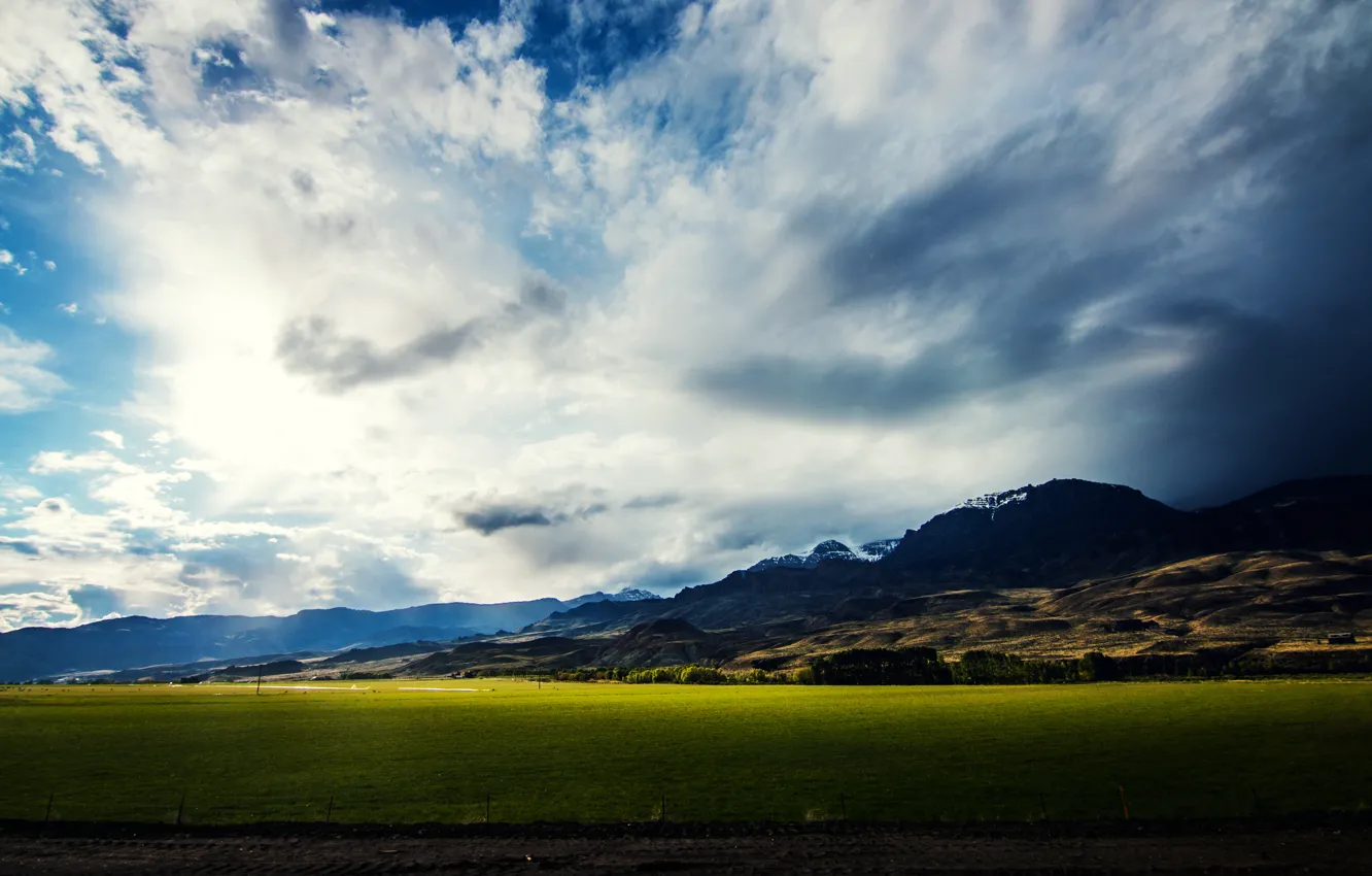 Photo wallpaper field, clouds, mountains, bo0xVn