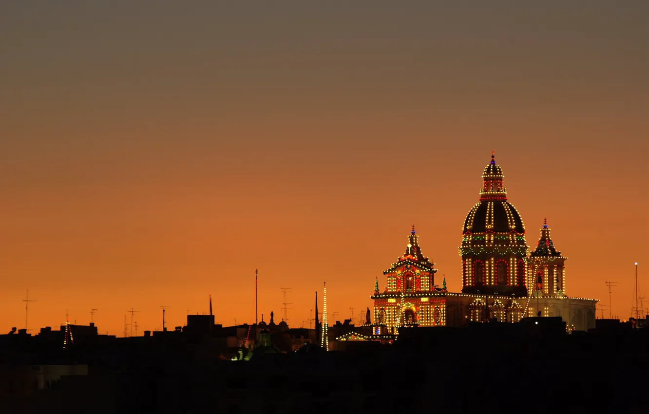 Photo wallpaper night, lights, Cathedral, Malta, Valletta