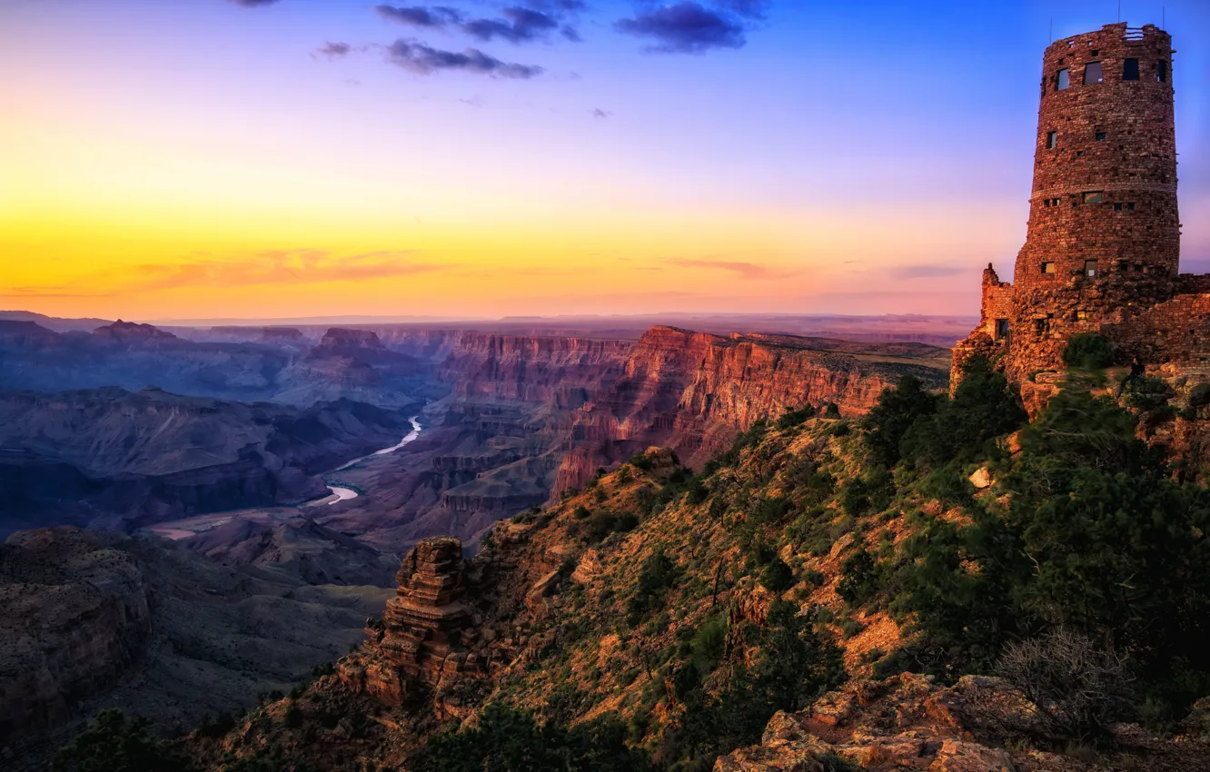 Photo wallpaper desert, AZ, USA, twilight, the Colorado river, National Park Grand Canyon, watchtower