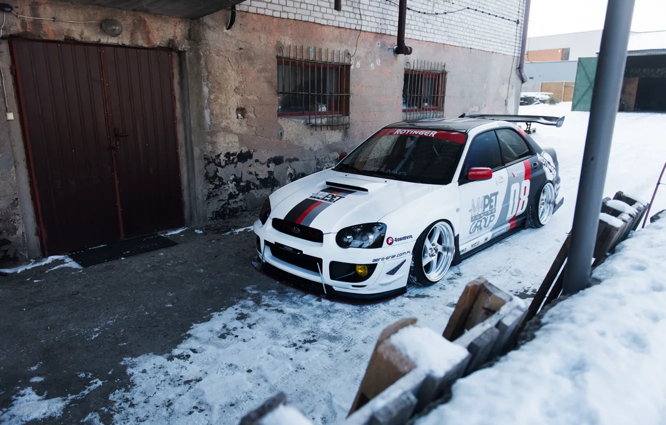 Photo wallpaper Subaru, Snow, White, WRX STI, Subaru Impreza, Sedan, Garage, JR Wheels