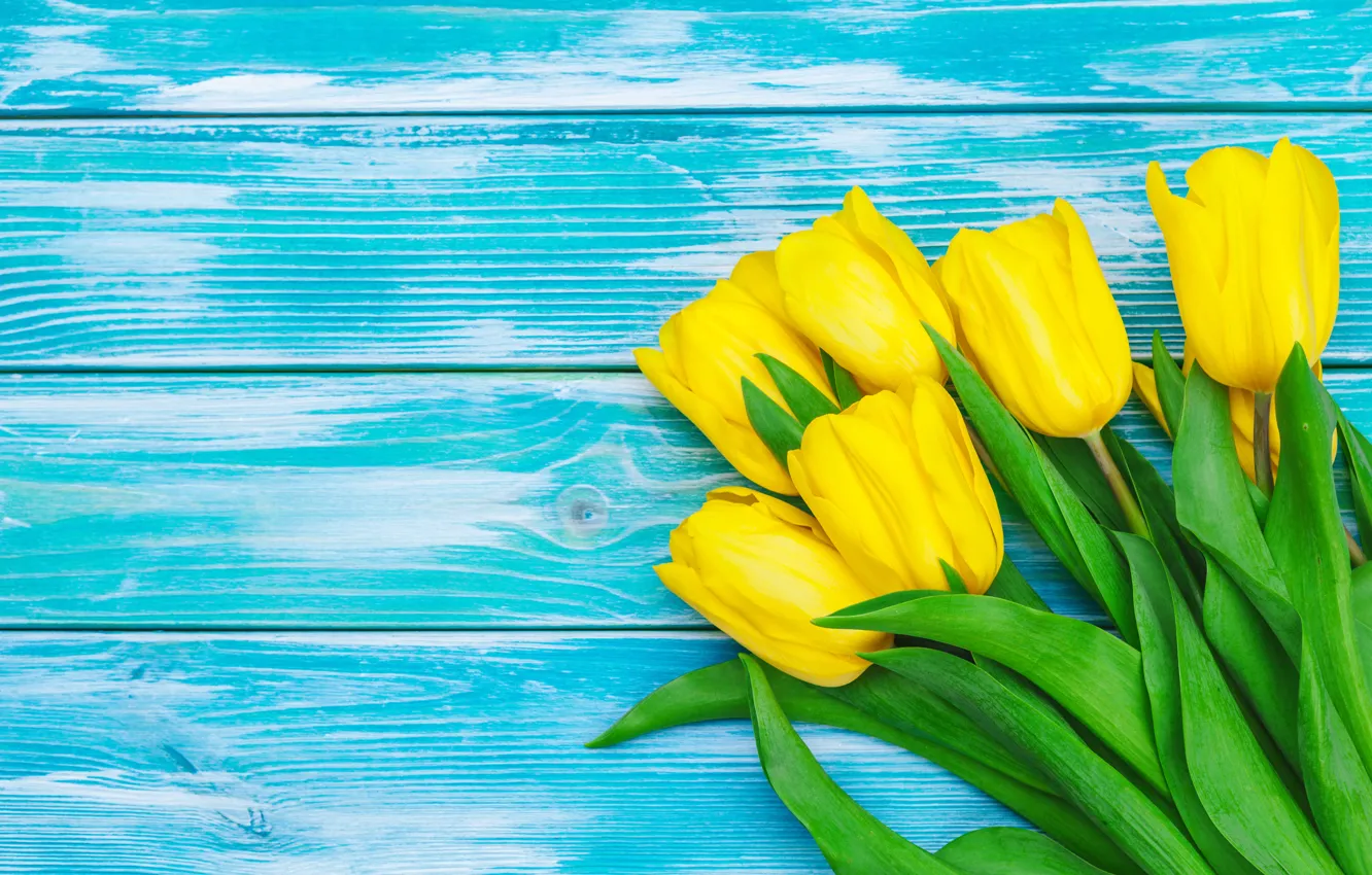 Photo wallpaper flowers, bouquet, yellow, tulips, yellow, wood, flowers, tulips