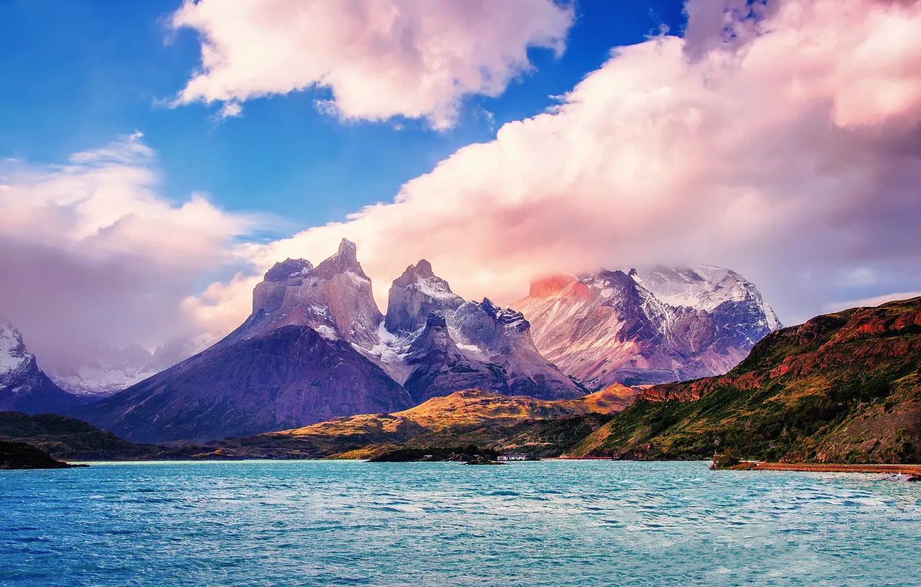 Photo wallpaper the sky, clouds, mountains, Chile, South America, Patagonia, Lake Pehoé, national Park Torres del Paine