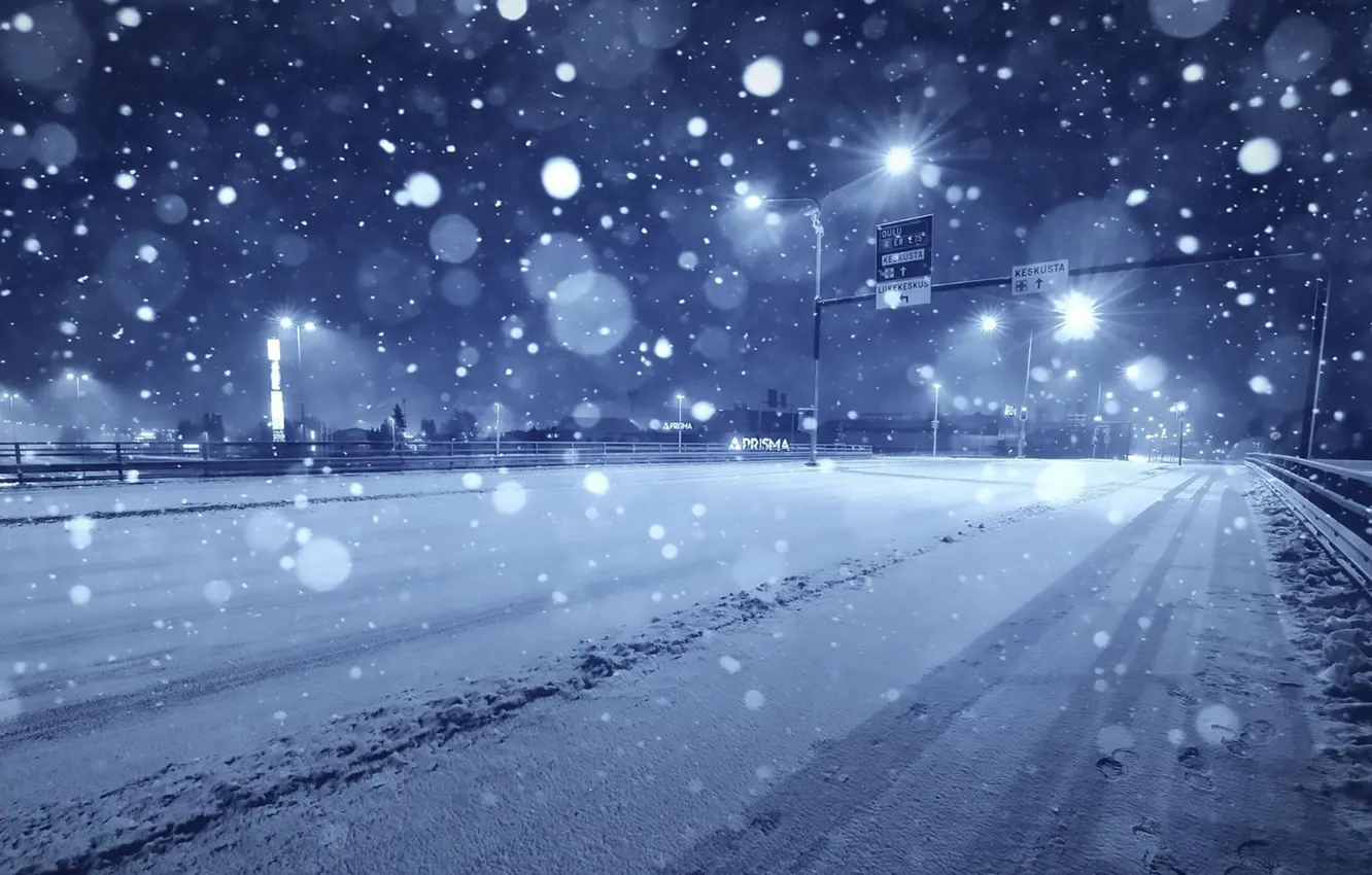 Photo wallpaper winter, road, the sky, snow, night, the city, horizon, lights