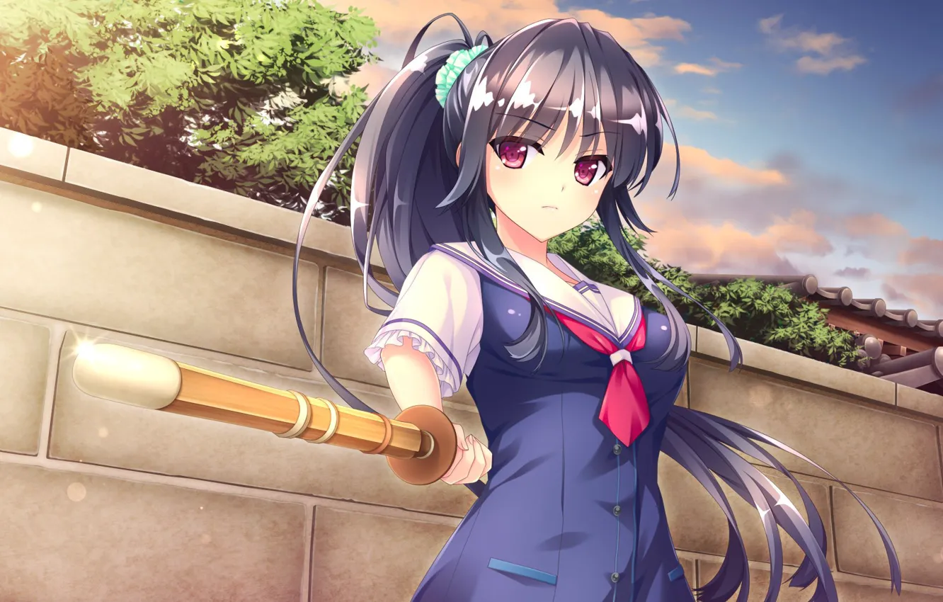Photo wallpaper the sky, look, girl, the fence, form, Anime, wooden sword