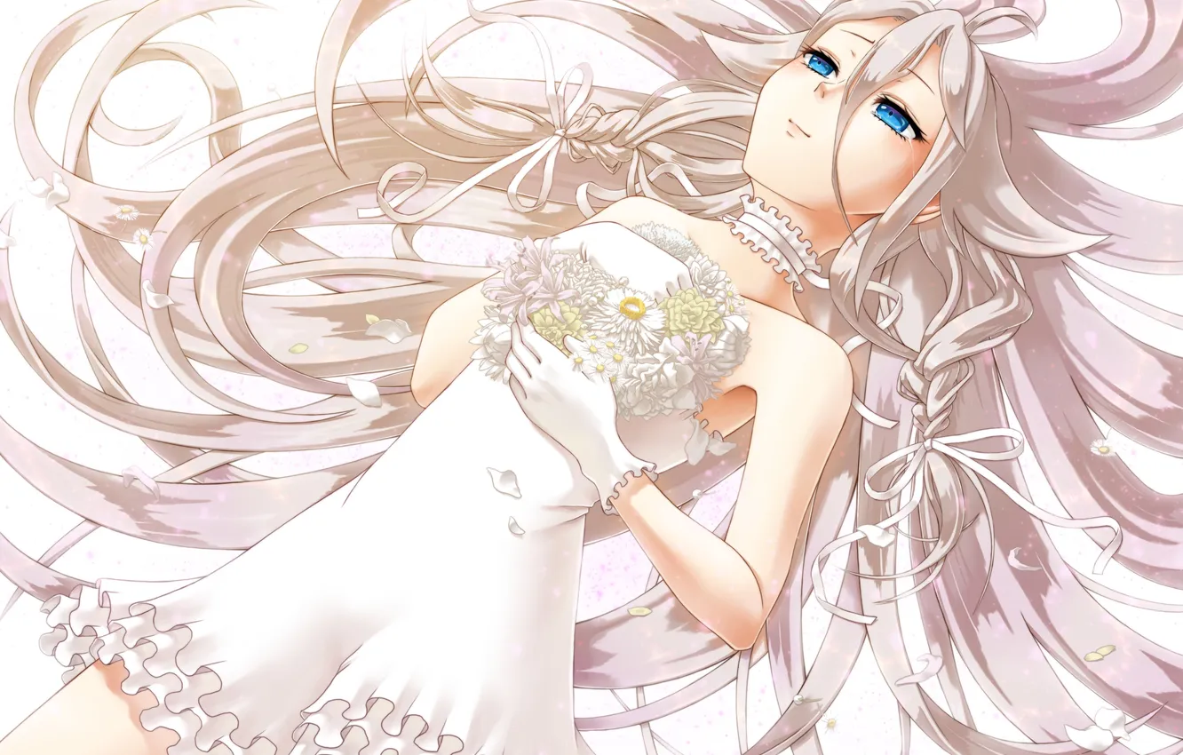 Photo wallpaper girl, flowers, emotions, bouquet, dress, tears, art, vocaloid
