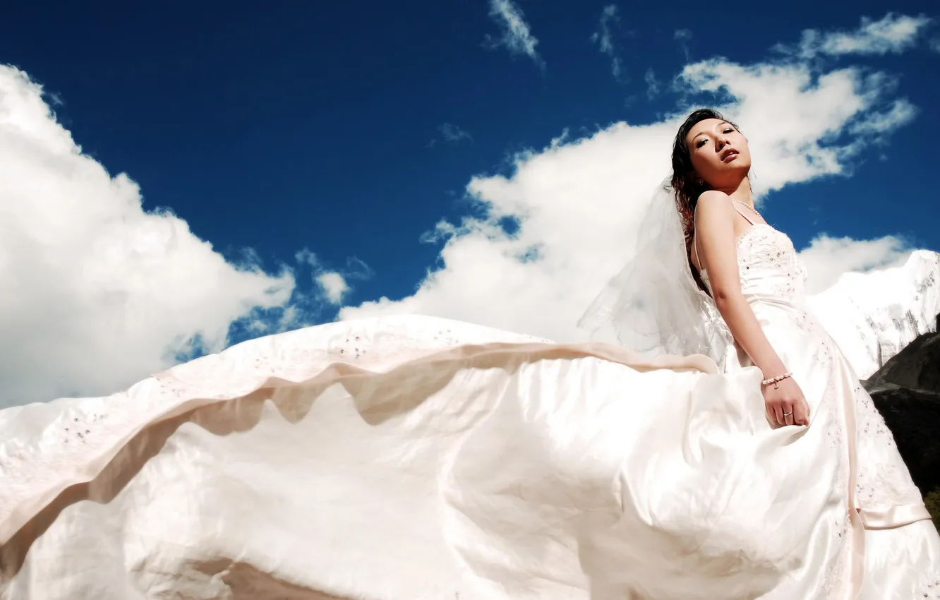 Photo wallpaper white, Girl, dress, Asian, the bride, the sky.