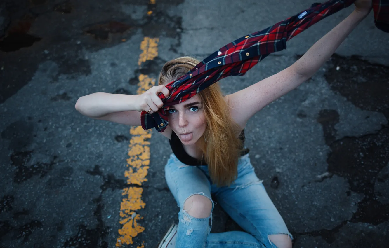 Photo wallpaper language, girl, face, mood, jeans, grimace