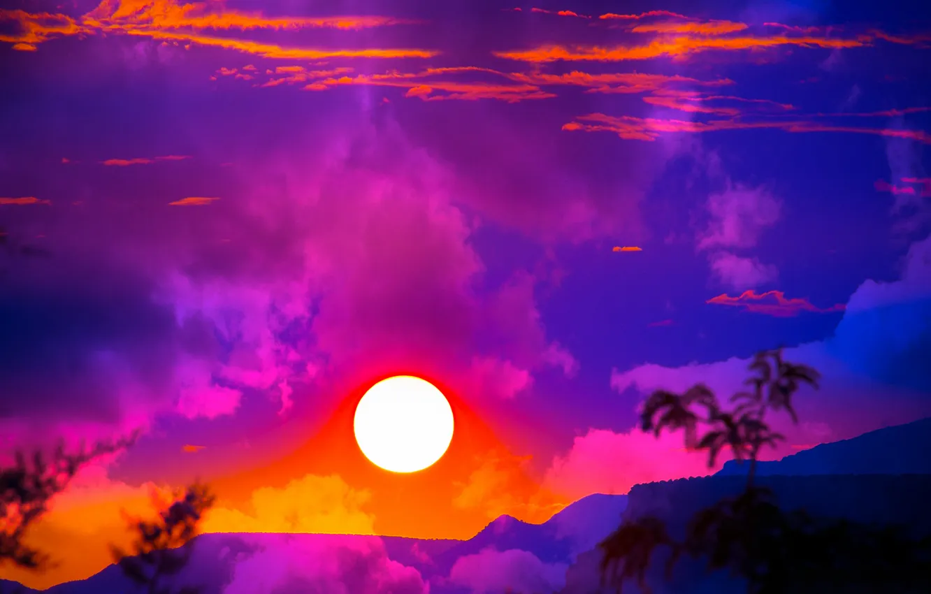 Photo wallpaper the sky, the sun, clouds, sunset, mountains