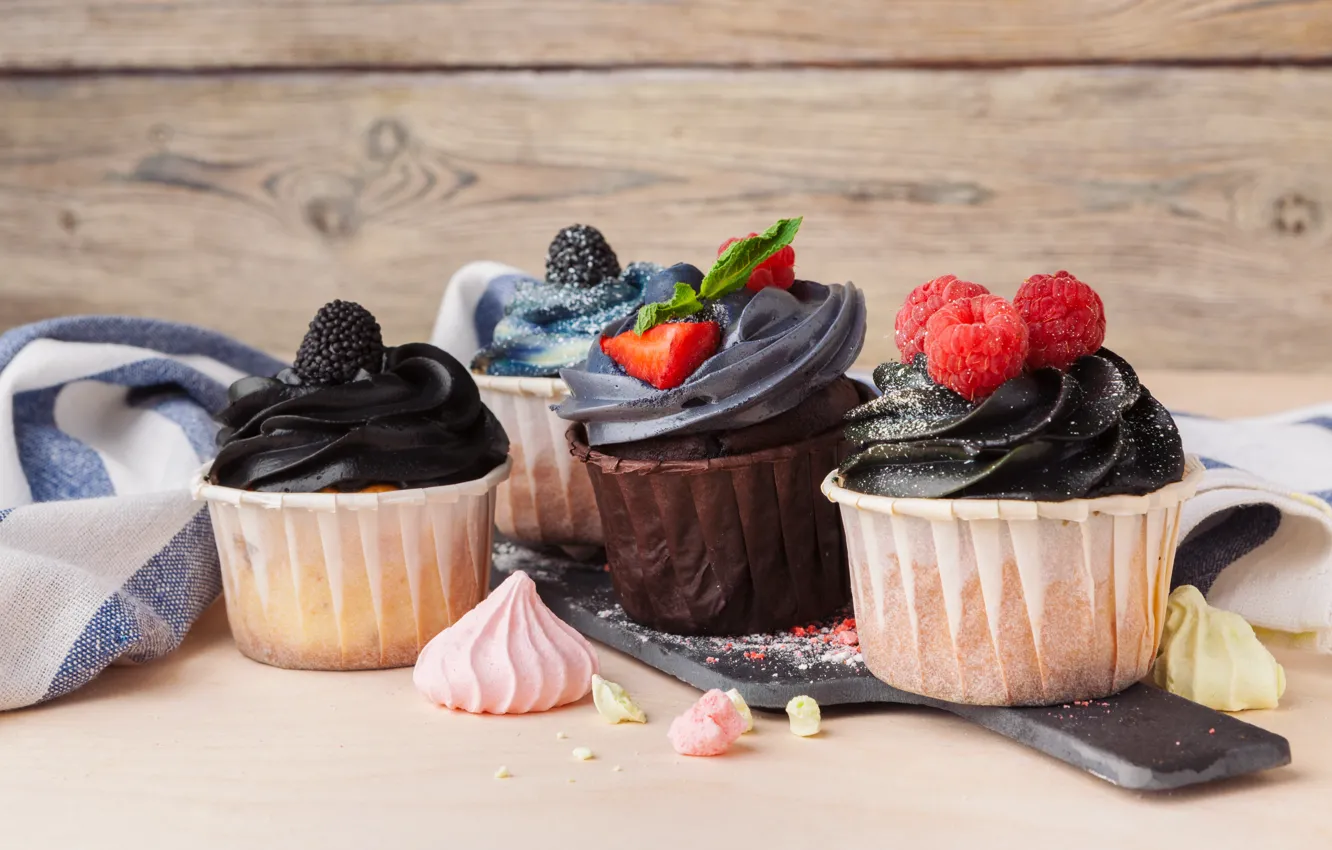 Photo wallpaper berries, cream, dessert, cupcakes, meringue