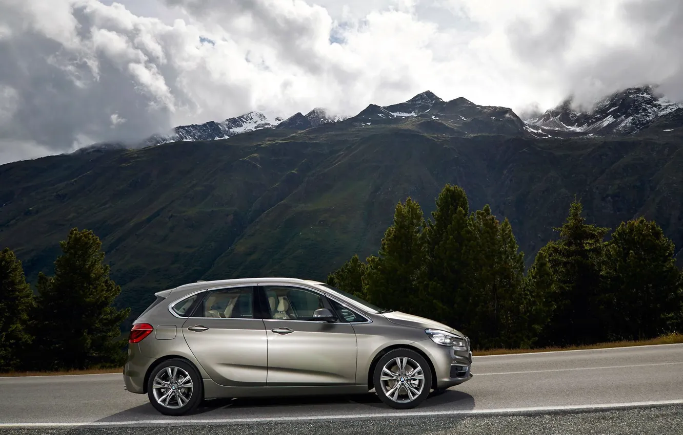 Photo wallpaper road, grass, asphalt, clouds, snow, trees, mountains, BMW