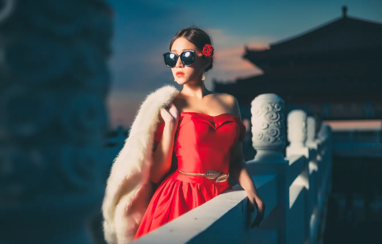Photo wallpaper girl, face, style, red, dress, glasses, fur, Asian