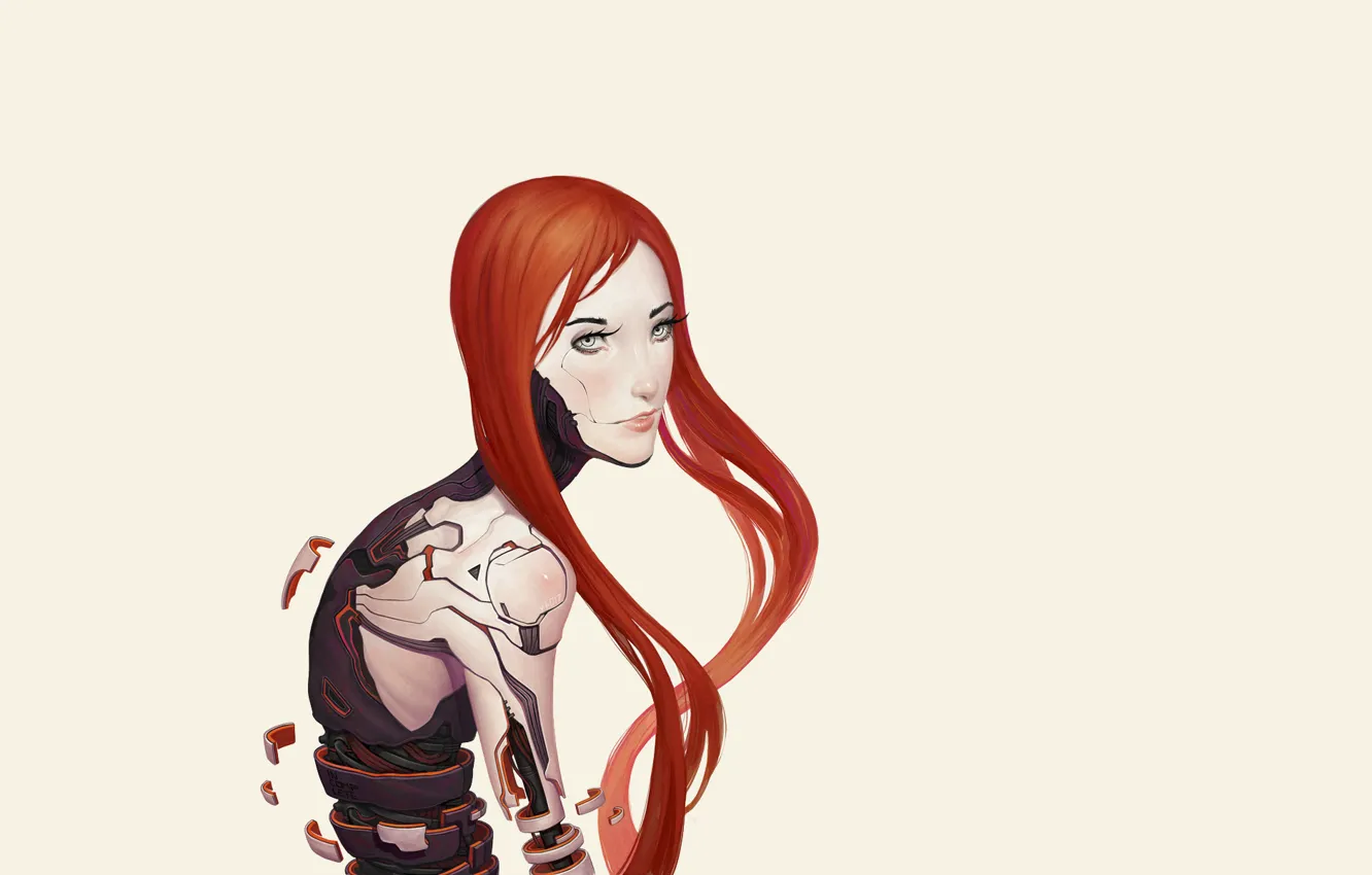 Photo wallpaper sadness, girl, robot, minimalism, cyborg, red hair, yellow background, white eyes