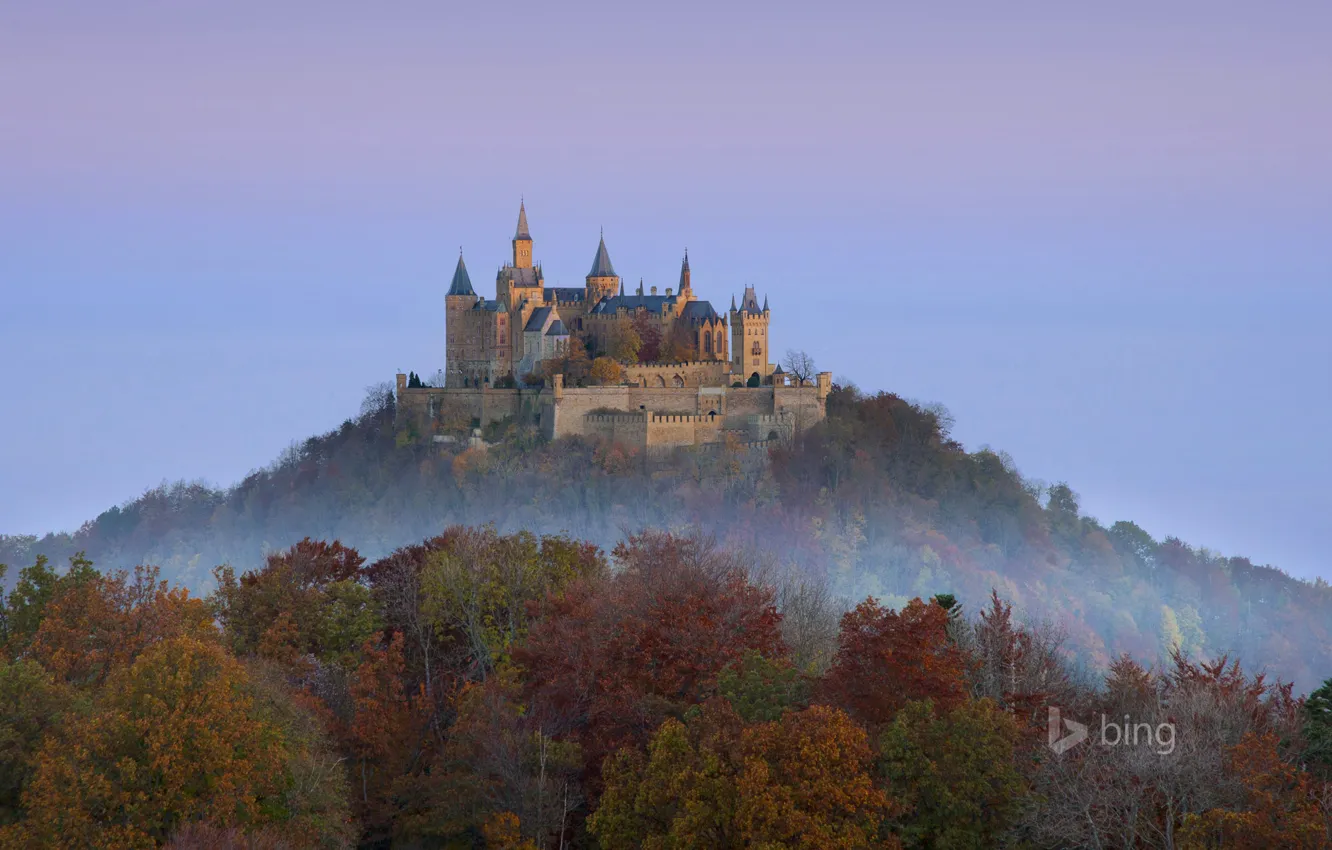 Photo wallpaper autumn, forest, the sky, trees, mountain, Germany, Hohenzollern castle