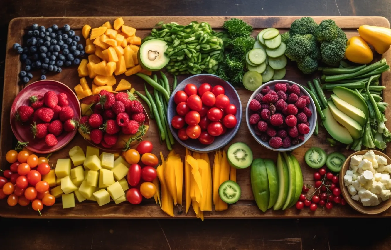 Photo wallpaper berries, raspberry, cubes, food, blueberries, strawberry, pepper, bowl