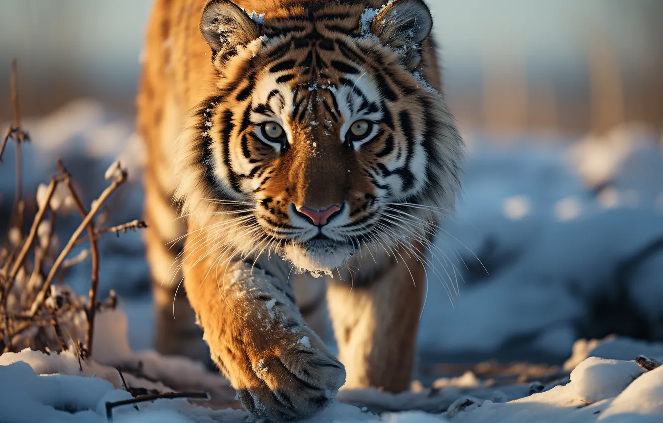 Photo wallpaper winter, look, light, snow, branches, nature, tiger, paw