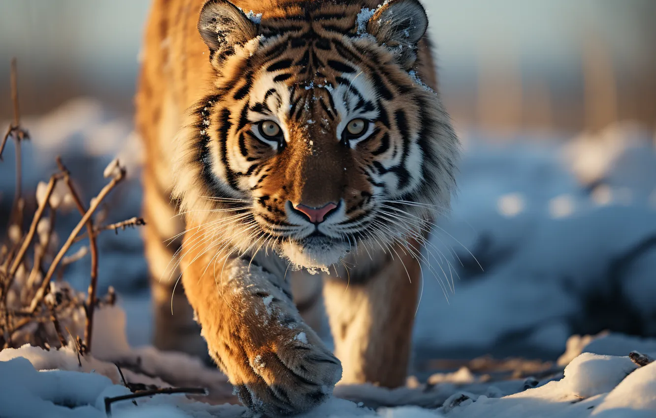 Photo wallpaper winter, look, light, snow, branches, nature, tiger, paws